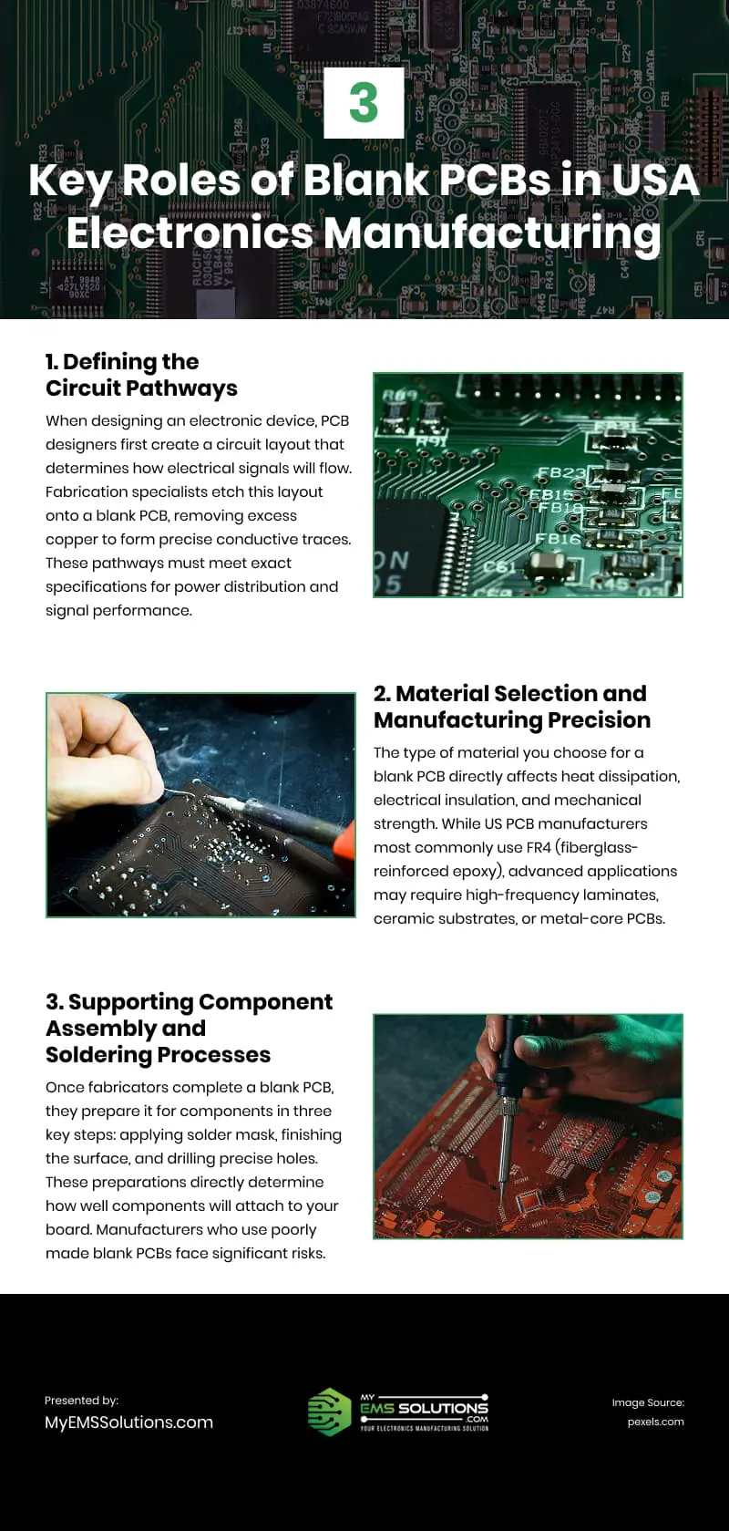 3 Key Roles of Blank PCBs in USA Electronics Manufacturing Infographic